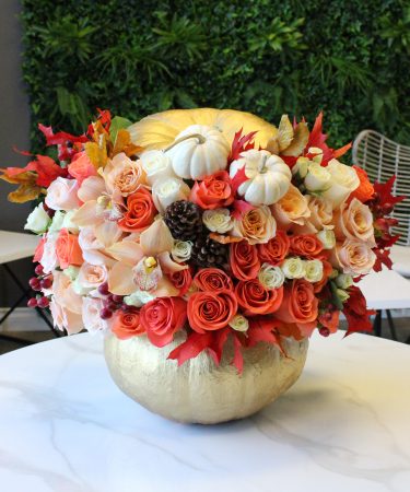 Thanksgiving Flower Delivery-Gold Pumpkin Flower Arrangement