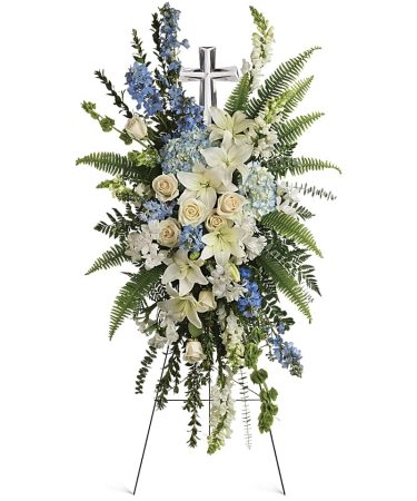 sympathy flowers in Las Vegas- Blue and White Standing Funeral Spray